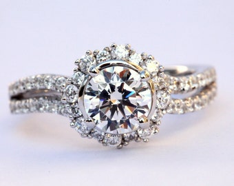 ... Halo - Pave - Antique Style - Diamond Engagement Ring 14K white gold