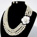 BEAUTIFUL CONFIDENCE - 4 Strand/ 4 Row White Freshwater GENUINE PEARL NECKLACE with MOP flower clasp and 925 Sterling Silver Earring SET
