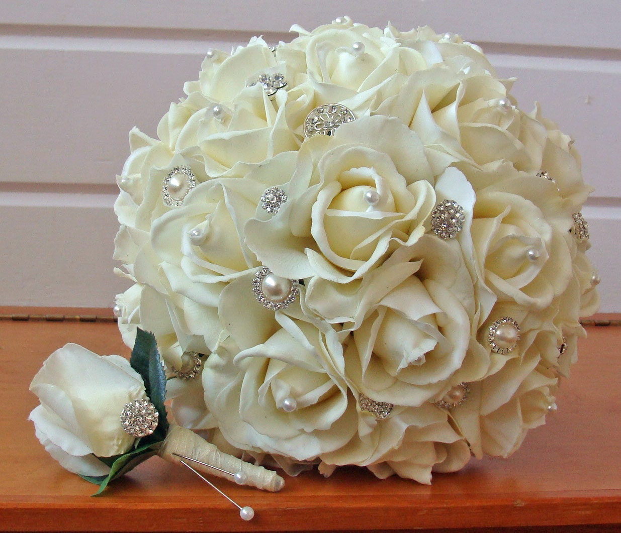 Silk Flower Bridal Bouquet Real Touch Roses And Rhinestones In 9103