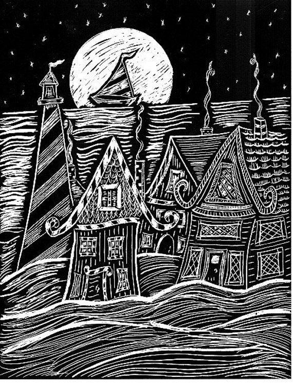 Whimsical Folk Art Original Scratchboard Lighthouse
