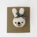 Felted animal pin brooch - FUZZ bunny - black and white plaid ribbon