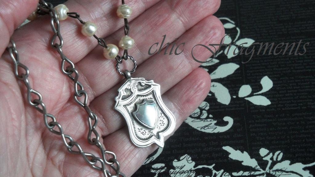 ANTIQUE WATCH FOB Necklace. Sterling Silver Shield. Vintage