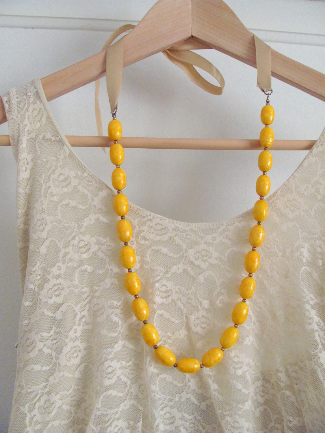 Vintage Mustard Yellow Bead and Ribbon Necklace