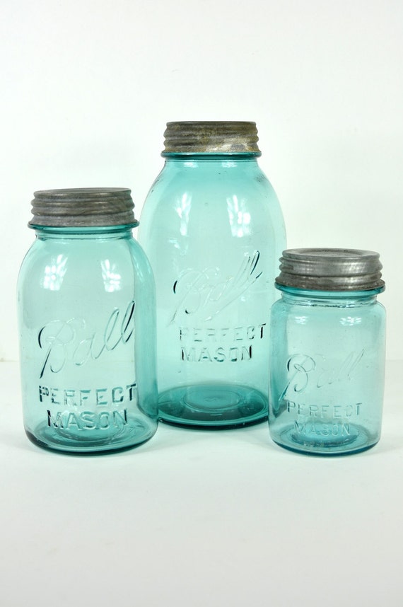 Vintage Mason Ball Jars / Glass Storage Jars / Turquoise