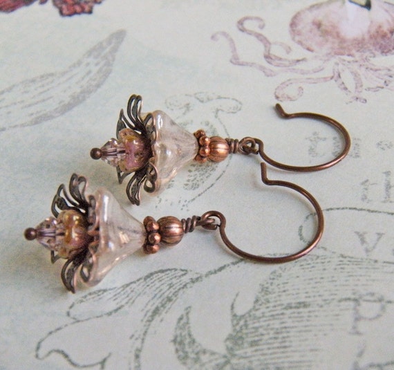 Floral Antique Copper Dangle Earrings Vintage Inspired