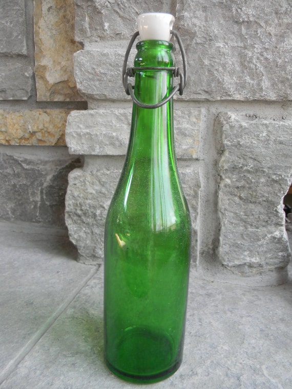 Antique Green Glass Bottle With Porcelain Stopper 3704