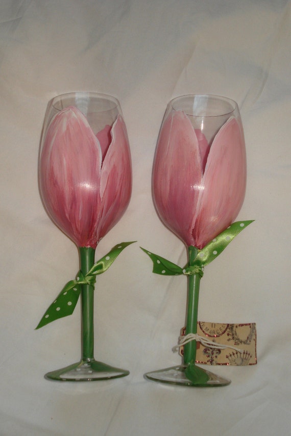Hand Painted Pink Tulip Wine Glasses Great for Bridemaids