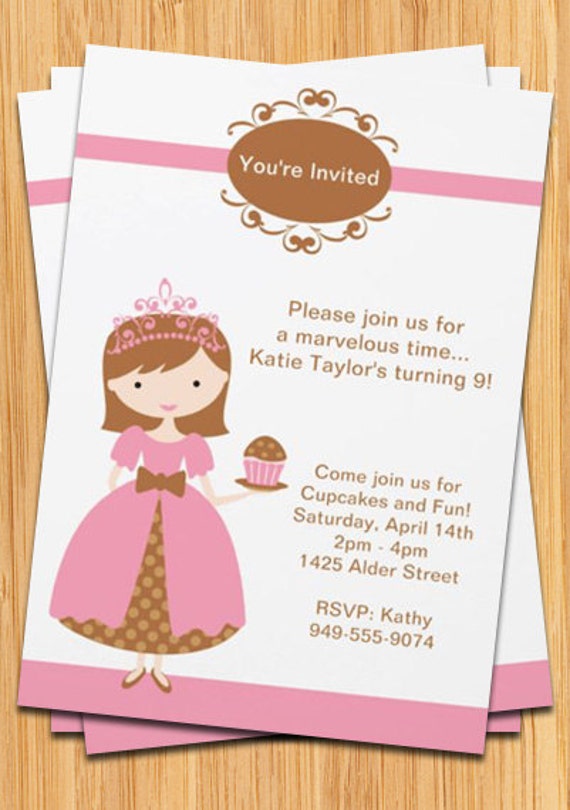 Princess Cupcake Birthday Party Invitations - Pink and Brown with Polka Dots Il_570xn