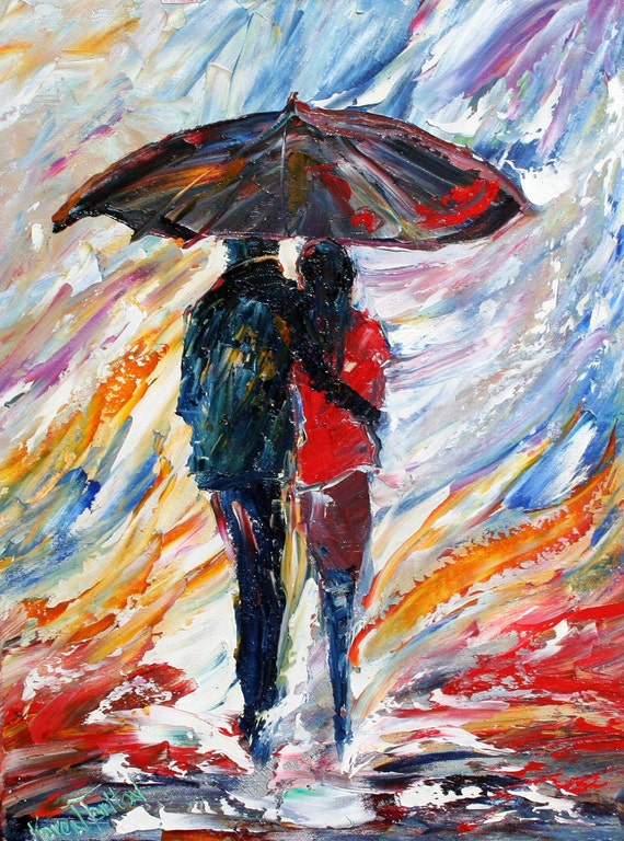 Original oil painting Rain Couple impressionism palette