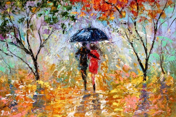 Original oil painting Fall Rain Romance Landscape