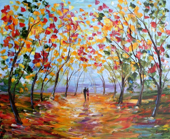 Original oil painting AUTUMN Romance LANDSCAPE palette knife