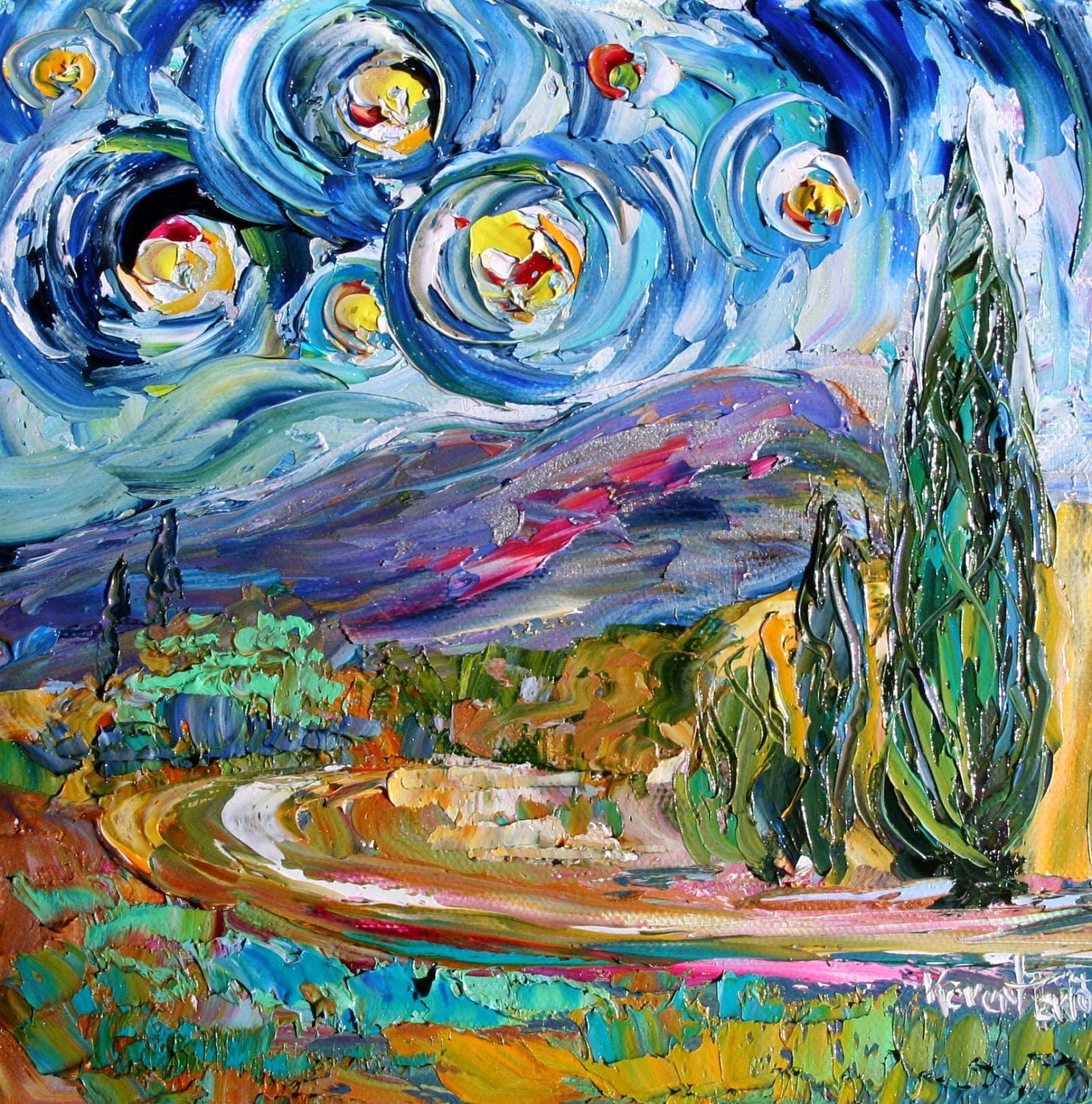 Original oil painting NIGHT STARS LANDSCAPE impasto palette