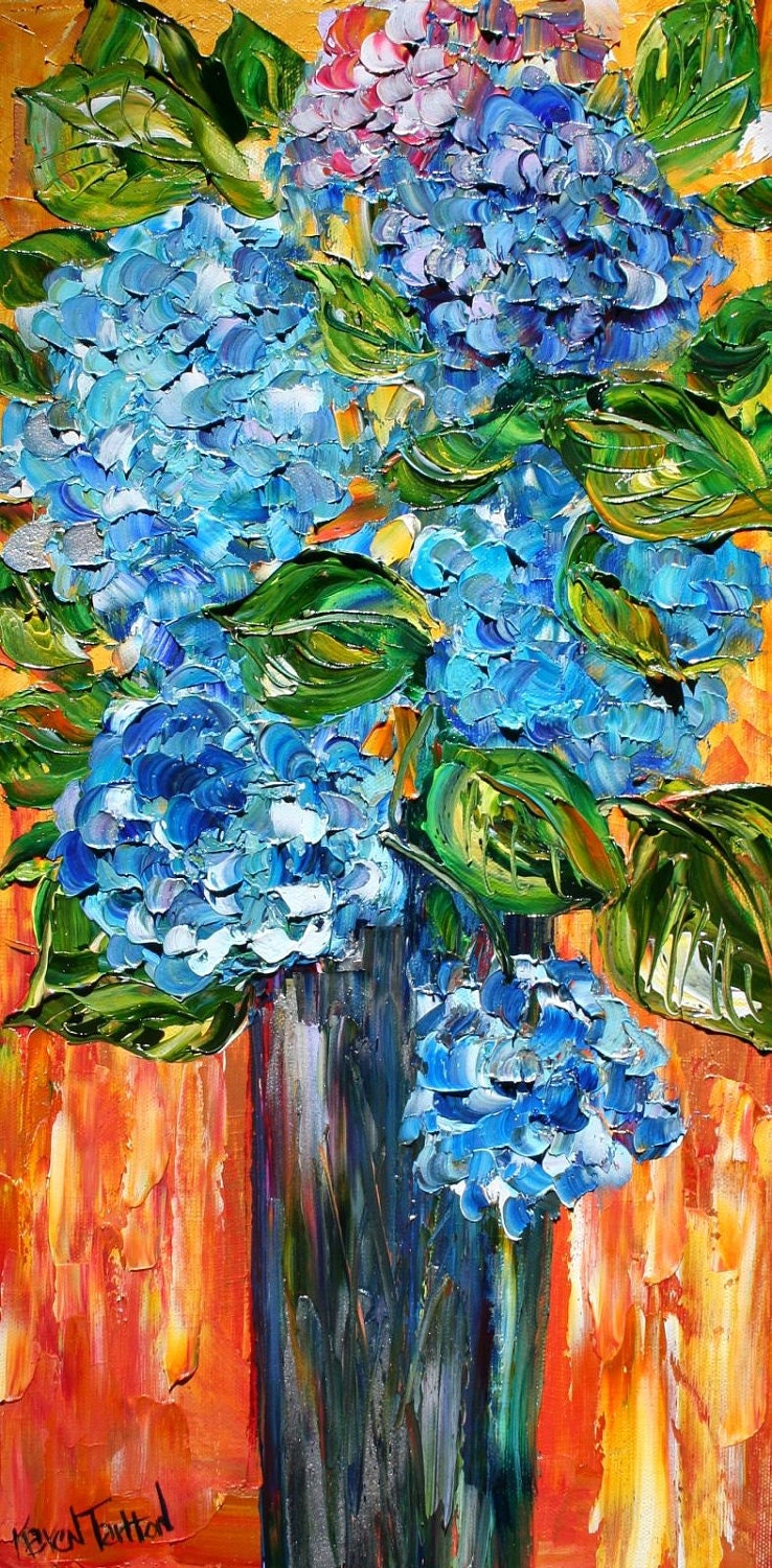 Original oil painting Blue Hydrangeas FLOWERS palette knife