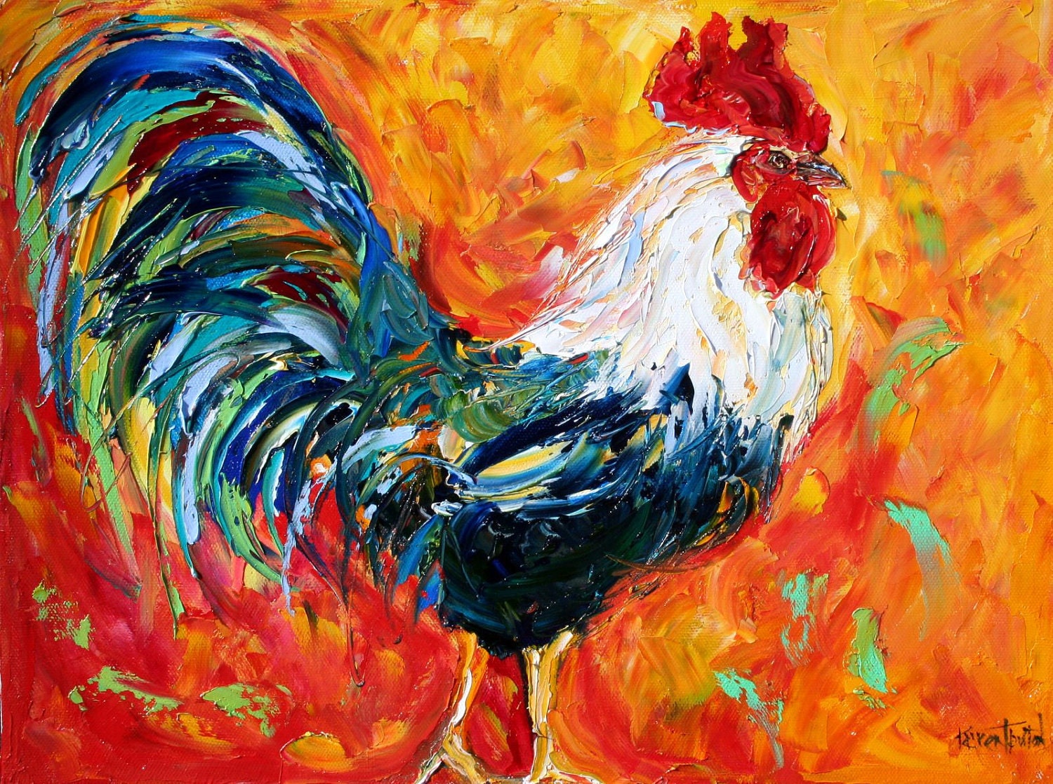 Original oil painting impasto ROOSTER palette knife fine art