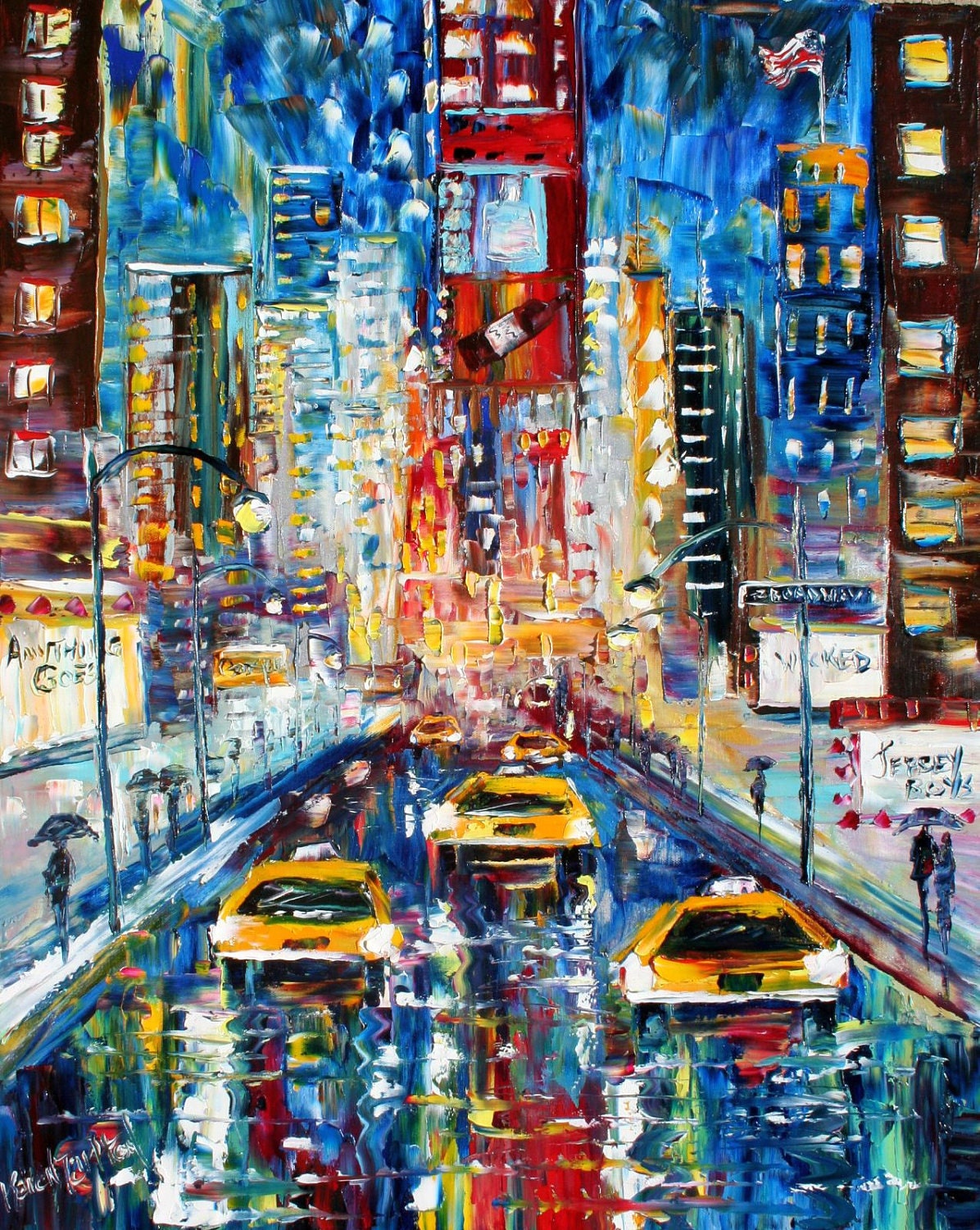 Original oil painting TIMES SQUARE New York RAIN impressionism