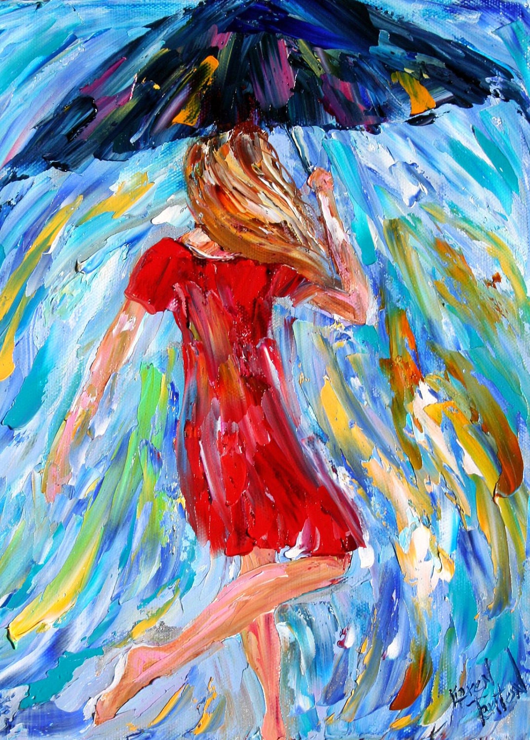 Original oil painting Umbrella Rain Dance modern impressionism