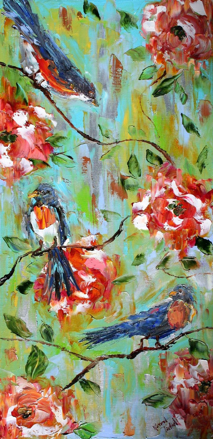 Original Oil Painting Spring Birds Flowers impressionism