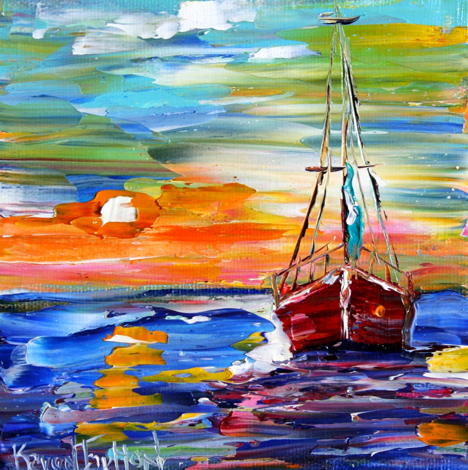Original oil painting Sunset Sail Boat palette by Karensfineart