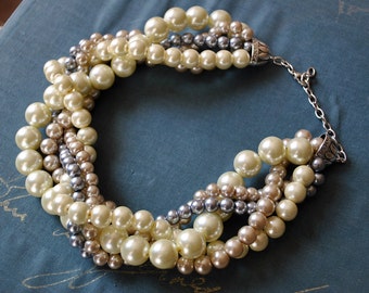 Chunky Pearl Twisted Statement Necklace-Champagne, Grey, Ivory
