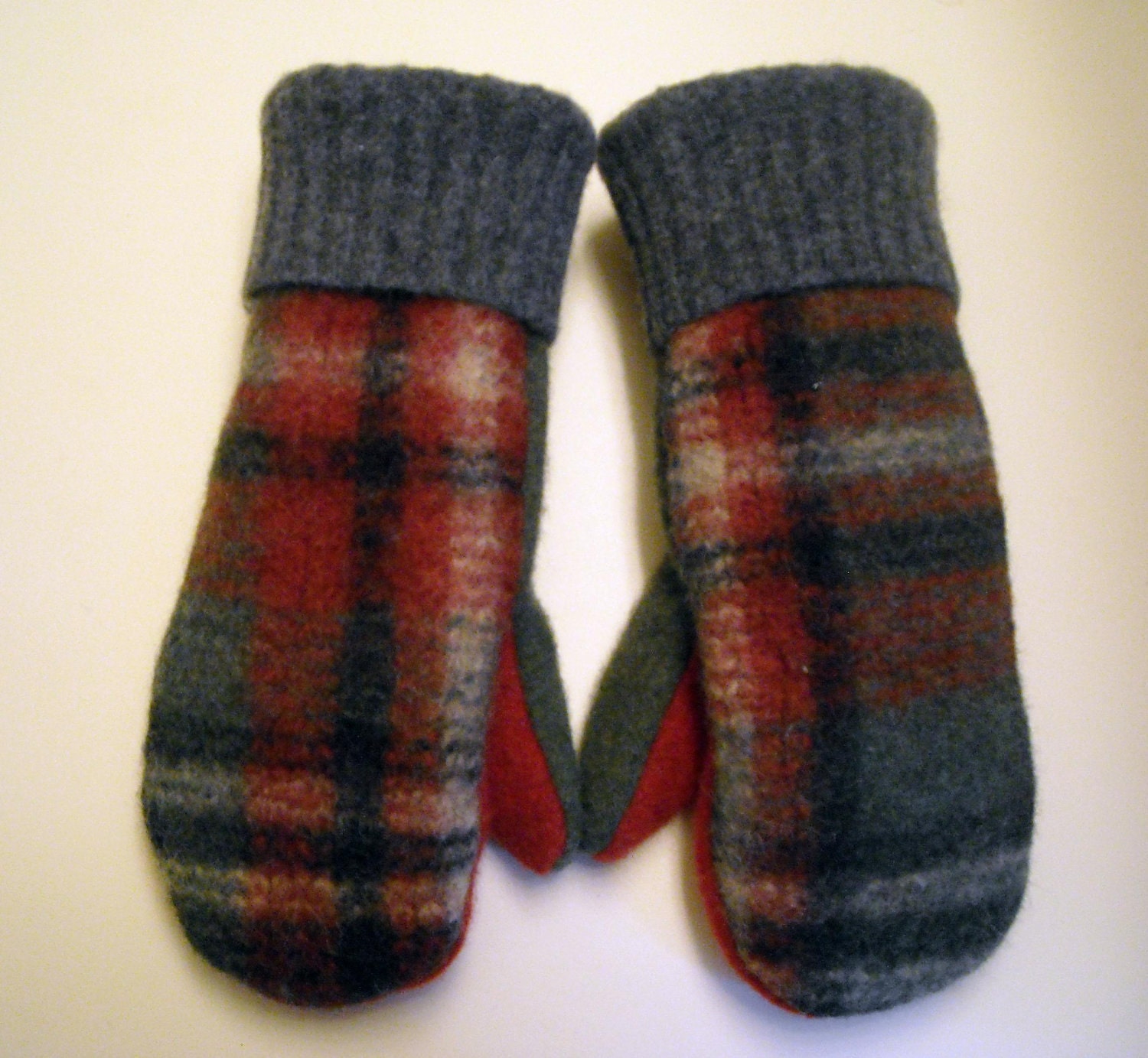 Plaid Wool Mittens lined with soft red and gray cashmere