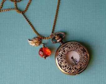 Pocket Watch Locket Necklace Brass Filigree Clocket - A Locket with a Watch inside Pendant Persimmon Charm