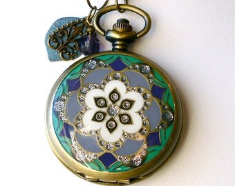 Pocket Watch Necklace Set Turquoise Aqua Purple Floral Lotus Mandala Watch Locket Pendant & Earrings Buddhist Wedding Bridal Birthday Gift