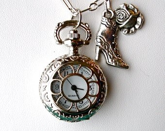 Pocket Watch Necklace Art Nouveau Silver Watch Locket Pendant Victorian Watch Necklace Romantic Rose Old Fashioned Victorian Boot Charm