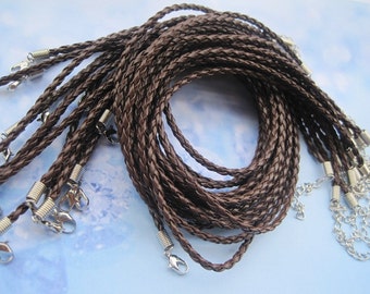 20pcs 3mm 16-18 inch adjustable medium coffee faux braided leather necklace cord