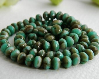 Faceted Rondelle Beads Czech Glass Beads Fire Polished Small Spacers 3X5mm Marbled Opaque Turquoise & Brownish Grey (50pcs) NEW