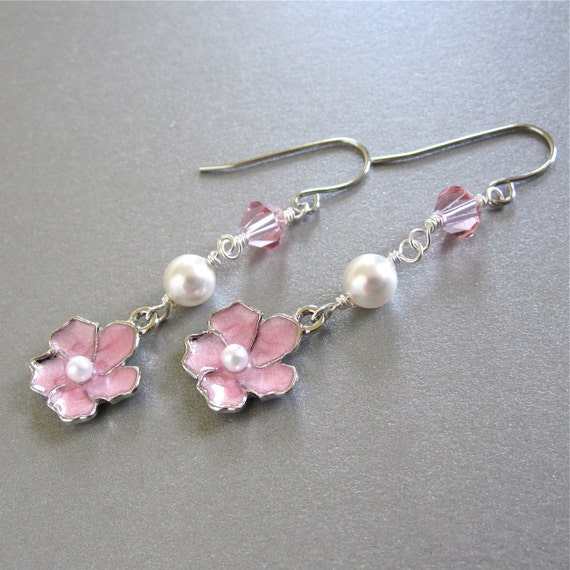 Items similar to Cherry blossom Swarovski pearls bridal earrings - choice of color on Etsy