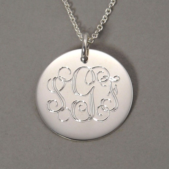 Items similar to Sterling silver personalized monogram pendant necklace triple initial 3/4 inch ...