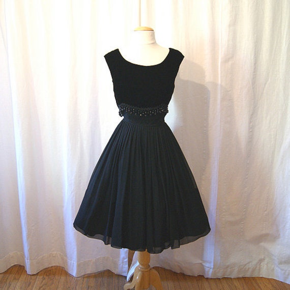 Elegant 1950's designer black chiffon dress with velvet