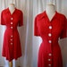 Darling 1940's red linen button front day dress WW2 pin up girl swing vlv - size Large to XL