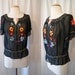 On Hold Lovely 1940's sheer black Mexican peasant blouse with colorful hand embroidered floral print rockabilly WW2 - size Medium to Large