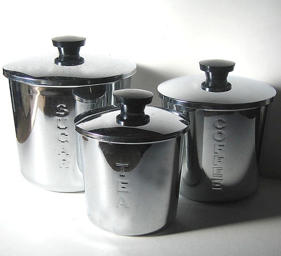 Chrome Coffee Sugar Tea Canisters Vintage Everedy