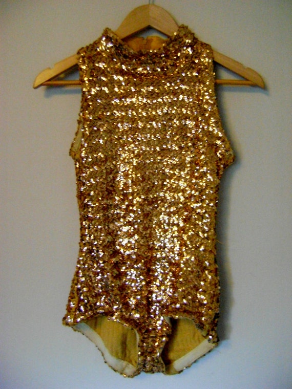 Vintage 70s Gold Sequin Cheerleader Band Majorette Bodysuit