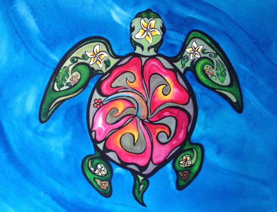 Items similar to Green Sea Turtle Tribal Hibiscus - Original 16 X 20