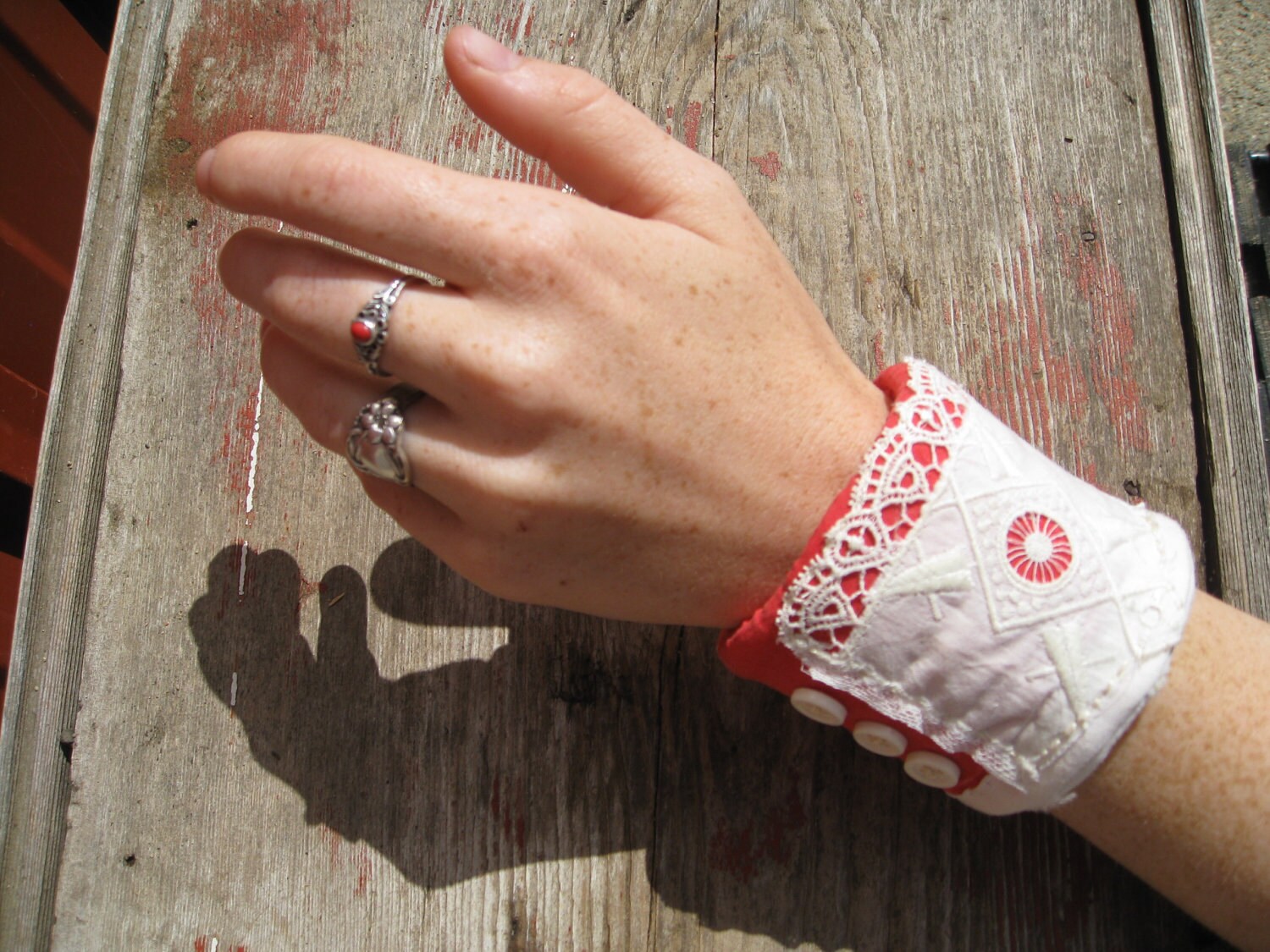 Bracelet Cuff Vintage Red Quilt Old Buttons White by PiecesOfOlde