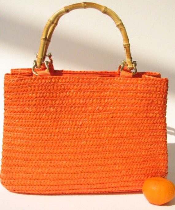 Vintage Tangerine Orange Straw Handbag Purse Real by TupperRugs