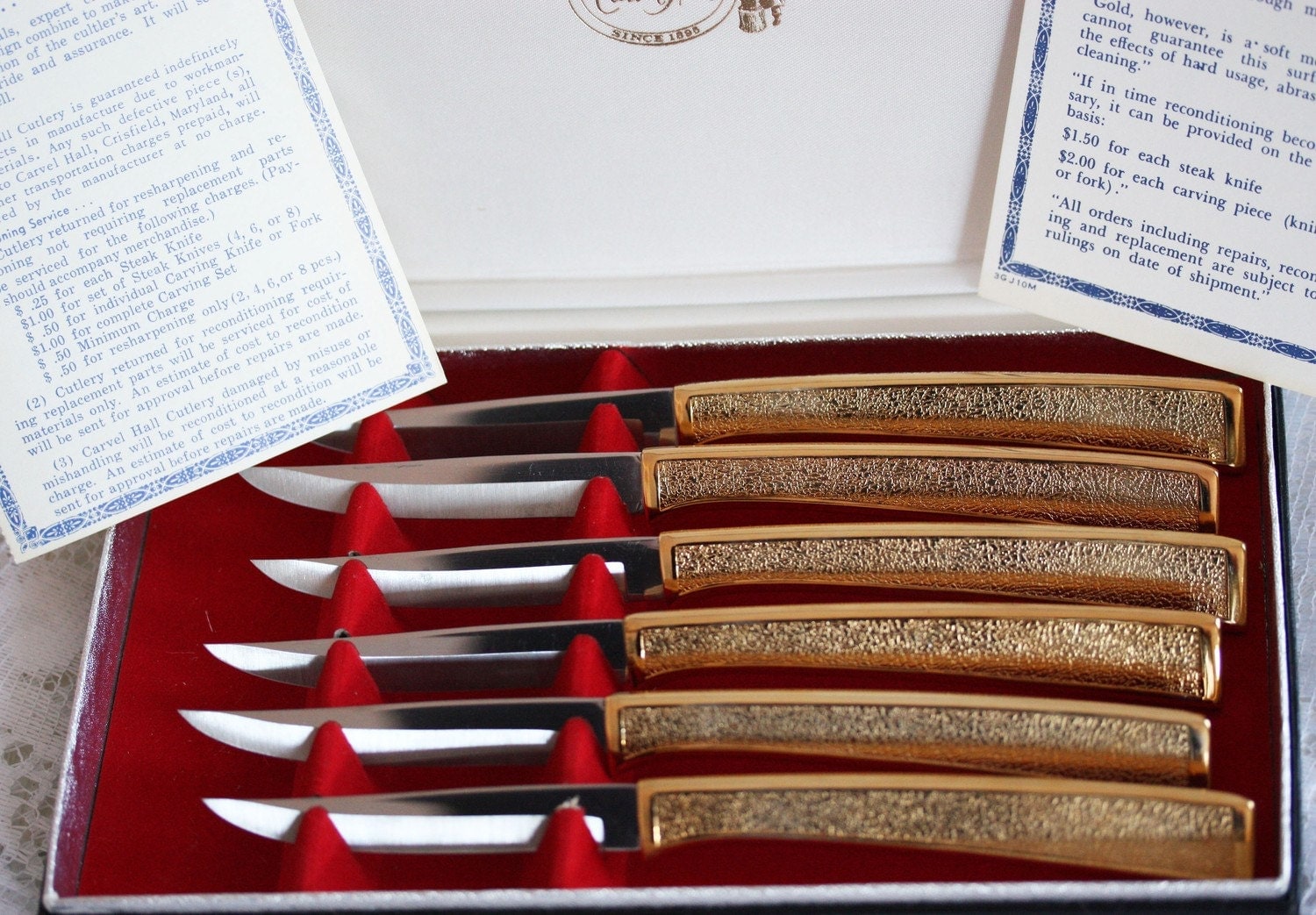 Vintage Carvel Hall 6 Piece Steak Knife Set Gold Plated Circa