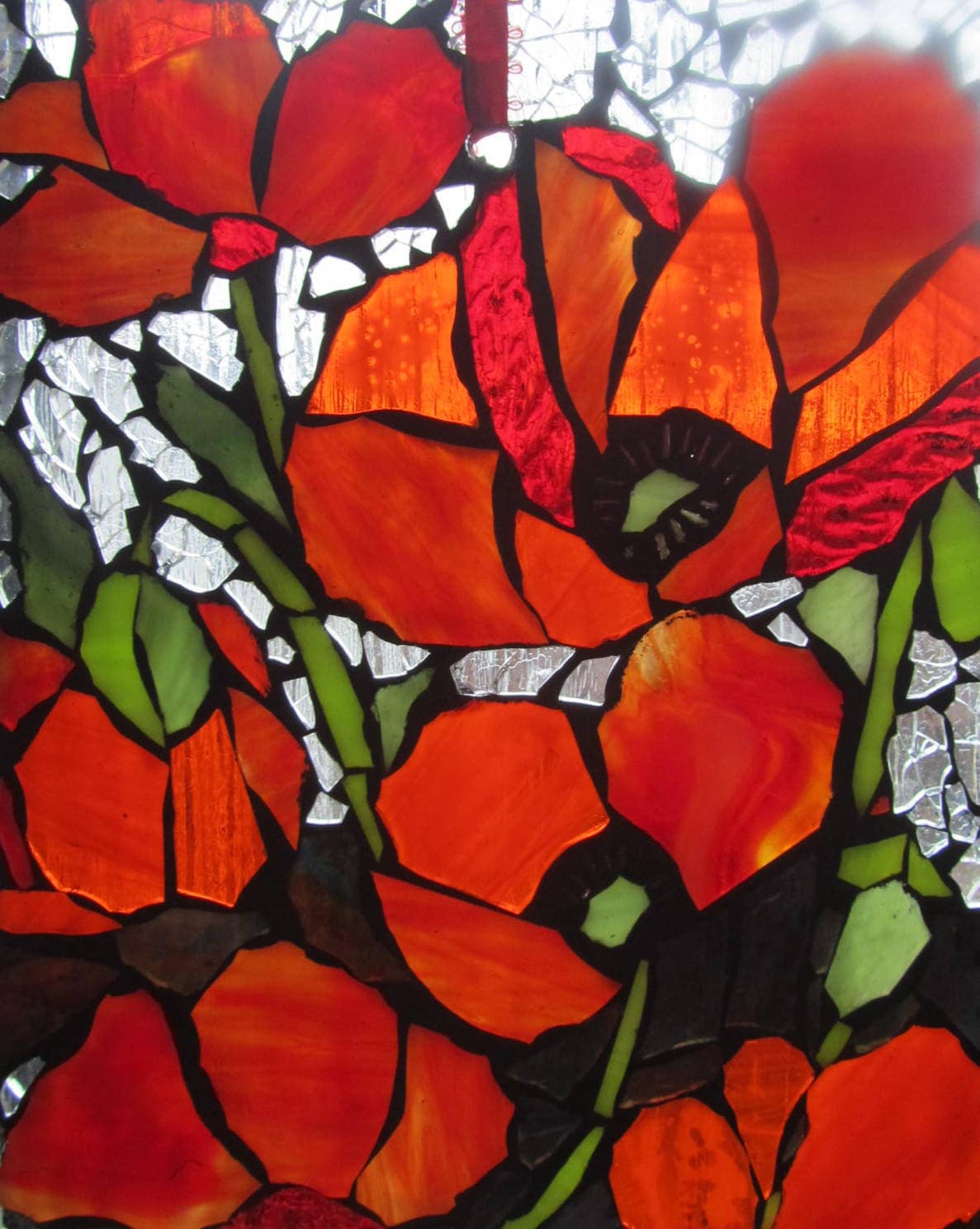 Stained Glass Mosaic Bright Red Poppies WALL Art Panel