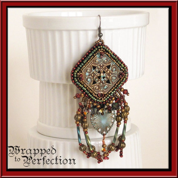 Bohemian Bead Embroidered Earrings Verdigris Boho Turquoise