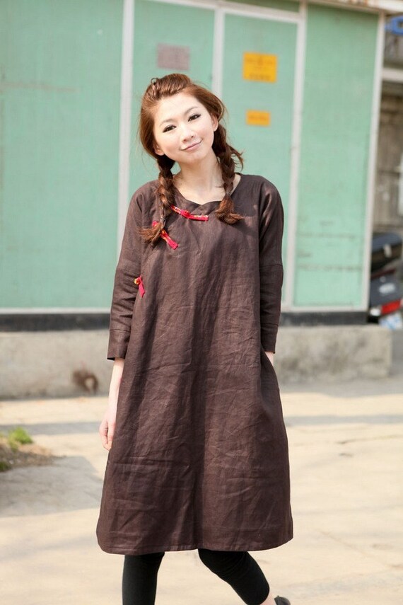 folk style linen coffee sundress/blousemore by FashionColours