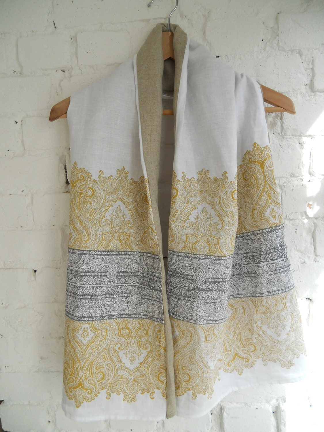 Linen Scarf hand block printed Ornate Raja in Ochre by papatotoro