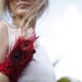 SUPER SALE- Red Silk Feather Cuff. Burgundy Peacock Wristlet. Ruby Statement Corsage.