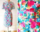 Vintage 1980s Brilliant Floral BOUQUET Dress M