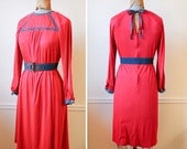 Vintage 1970s ALPINE Flowers Red Knit Dress l/xl