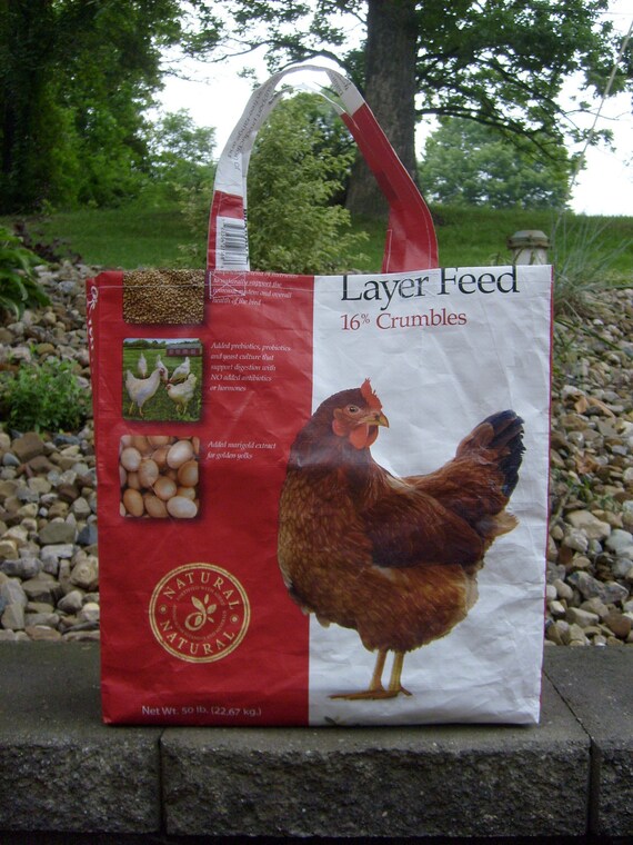 Recycled Feed Sack Chicken Food Red Hen Reusable Market Bag