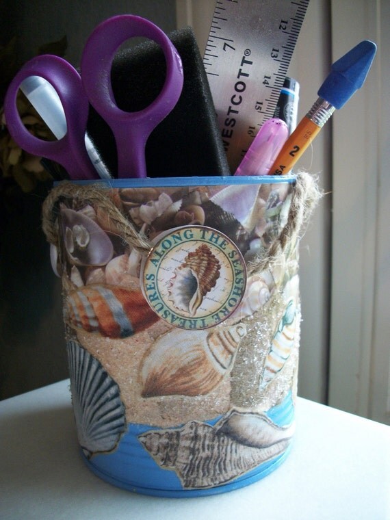 Decoupaged Pen and Pencil Holder Beach Theme Organizer
