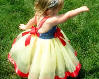 Snow White Costume: red blue & yellow lined tutu dress, birthday party, princess trip dress, easy on and off, adjustable, princess dinner